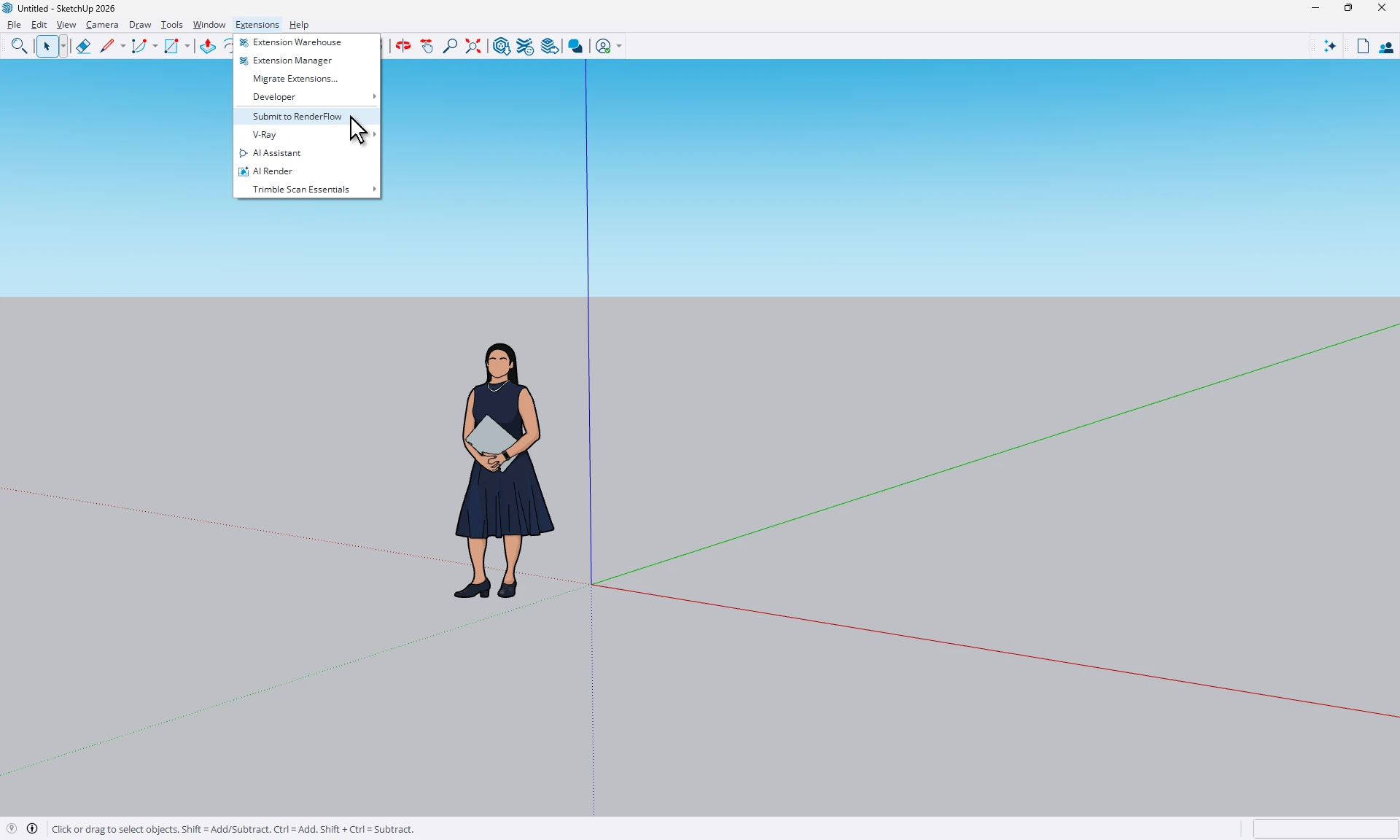 SketchUp with the Extensions menu open and Submit to RenderFlow highlighted