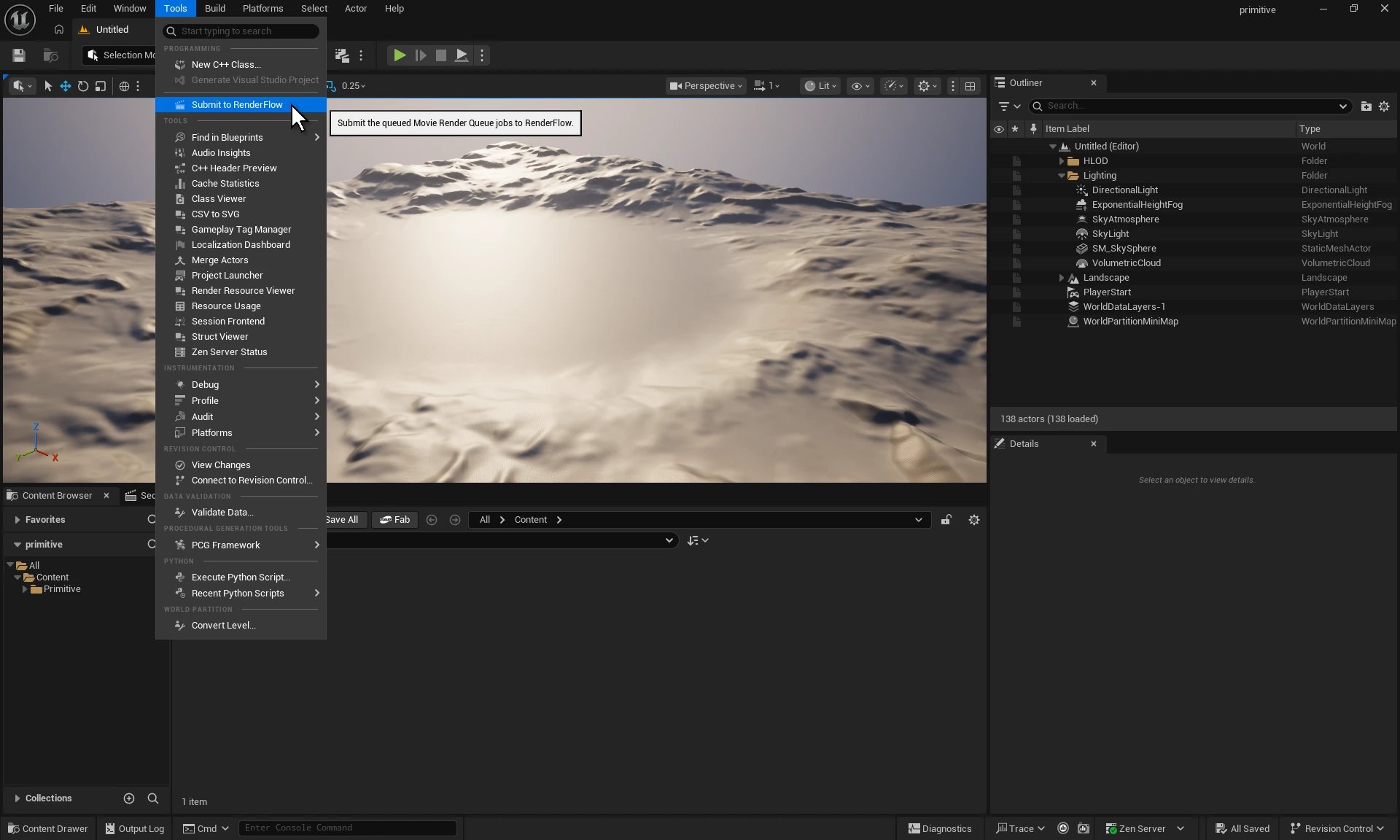 Unreal Editor with the Tools menu open and Submit to RenderFlow highlighted