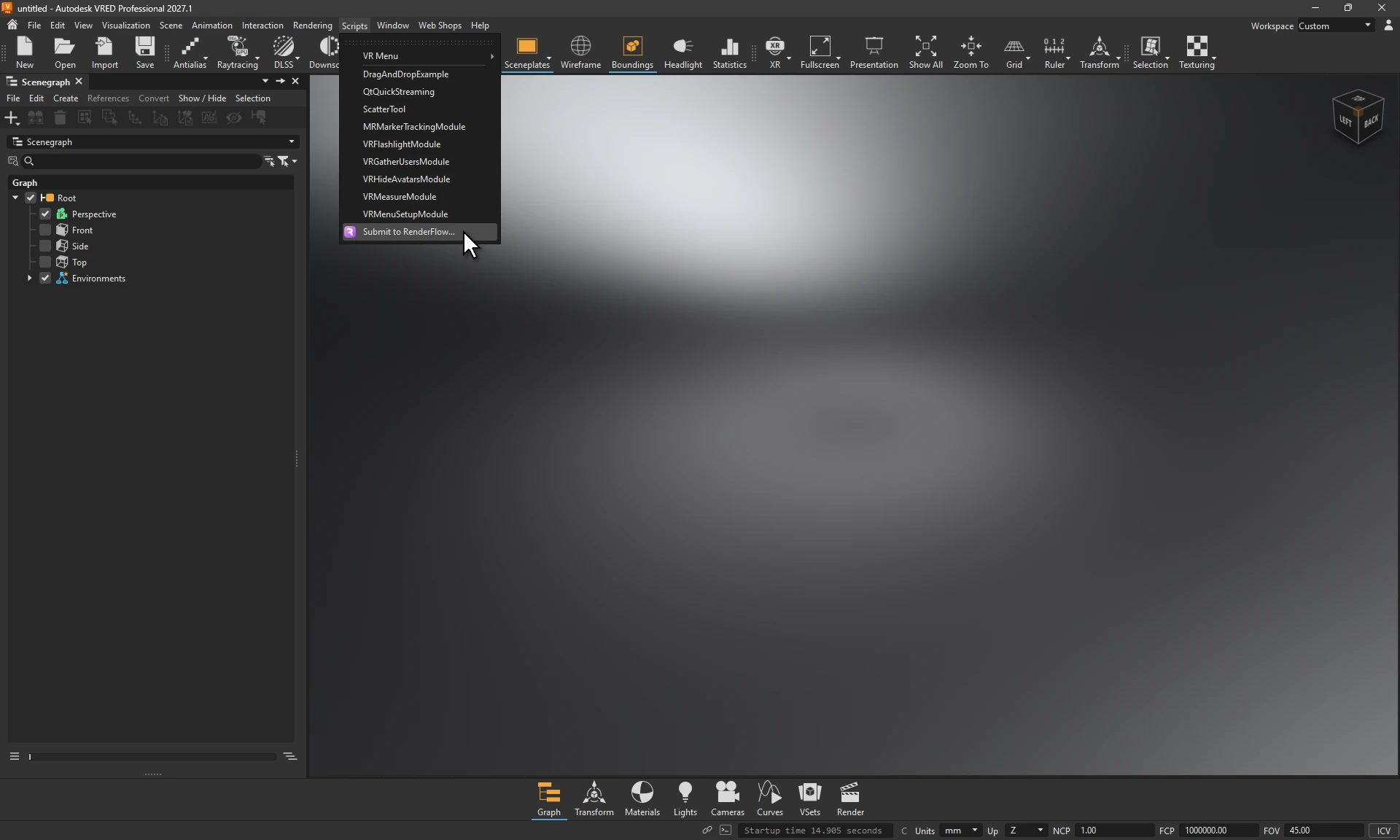 VRED Pro with the Scripts menu open and Submit to RenderFlow… highlighted at the bottom