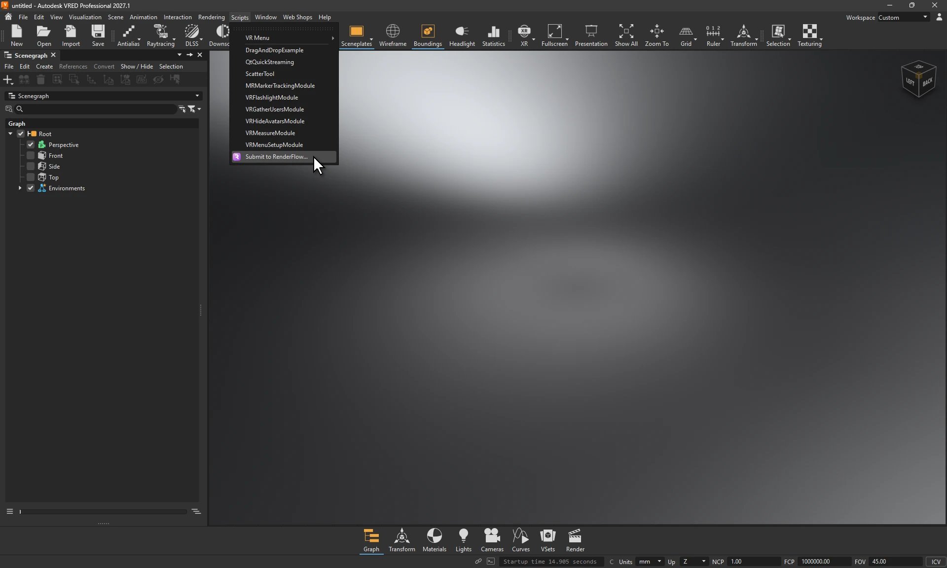 VRED Pro with the Scripts menu open and Submit to RenderFlow… highlighted at the bottom