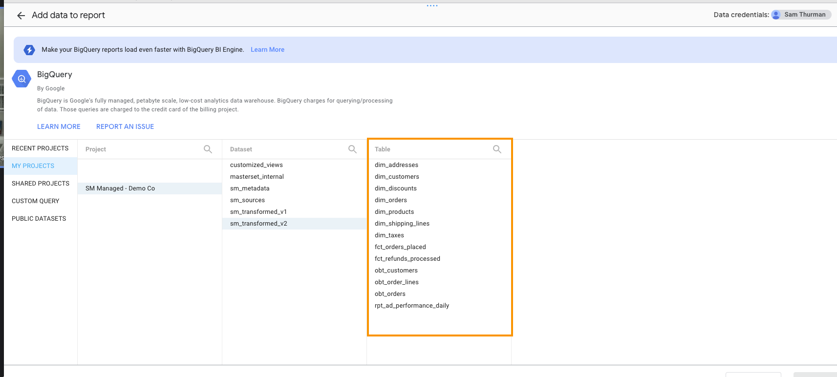 Select BigQuery table