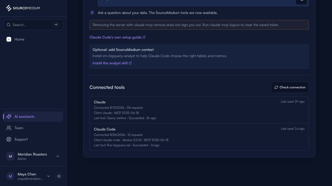 The Connected tools list showing Claude and Claude Code with request counts and last use