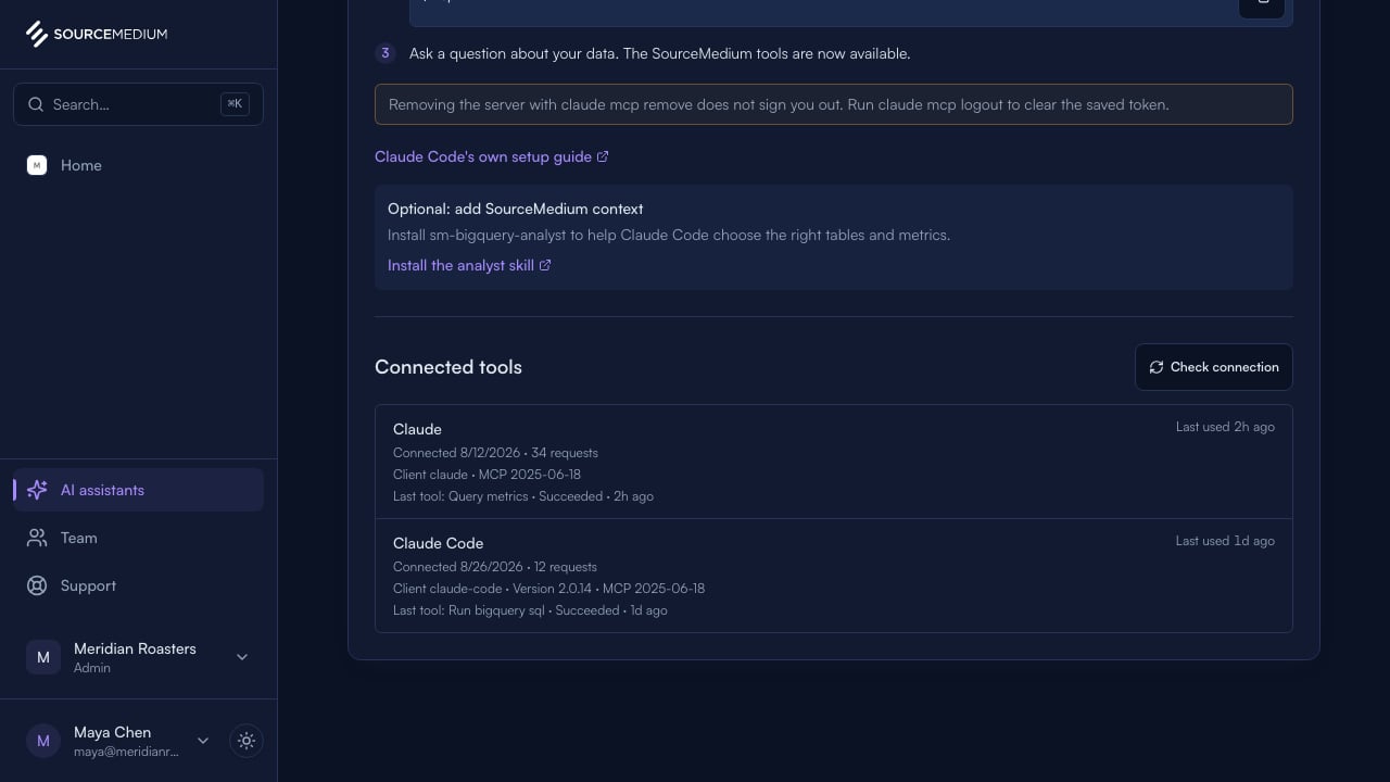 The Connected tools list showing Claude and Claude Code with request counts and last use
