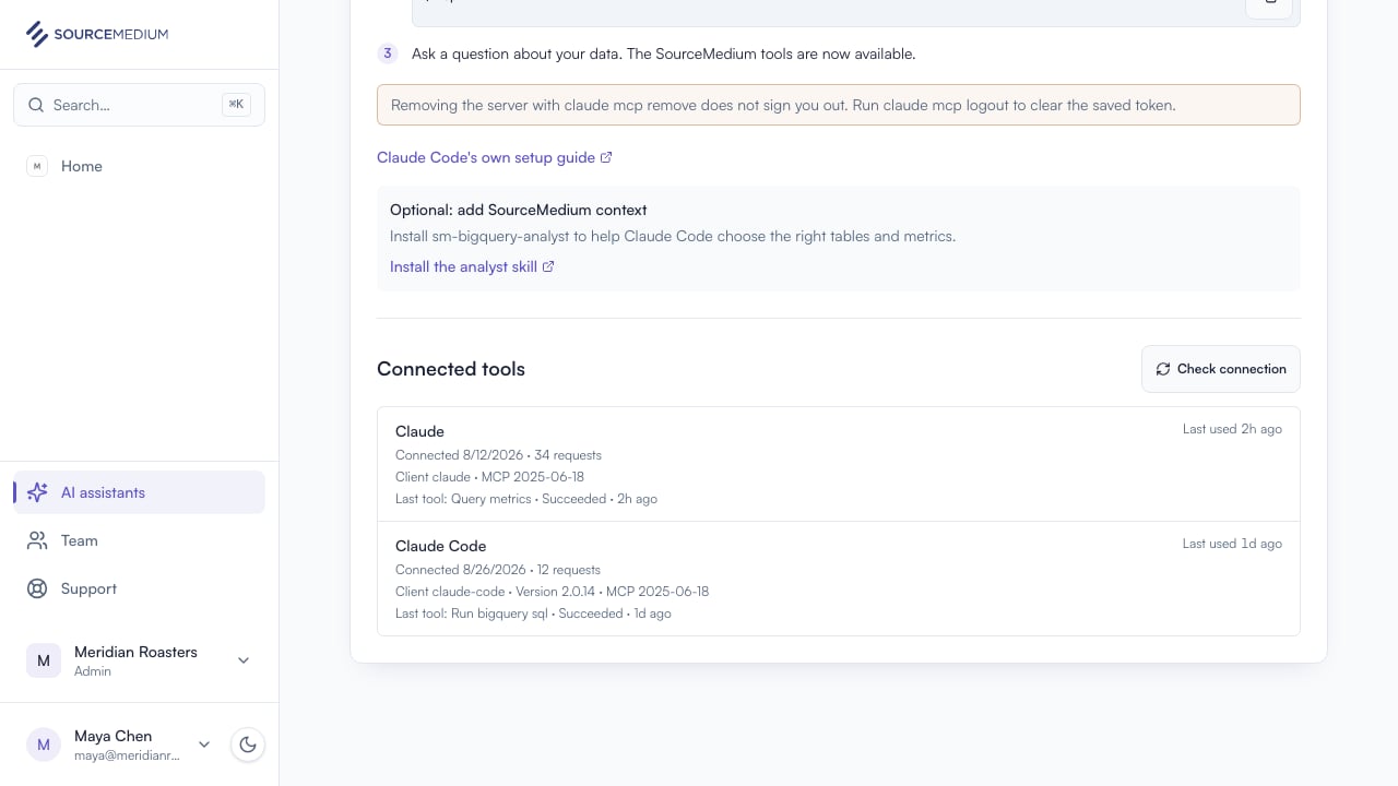 The Connected tools list showing Claude and Claude Code with request counts and last use