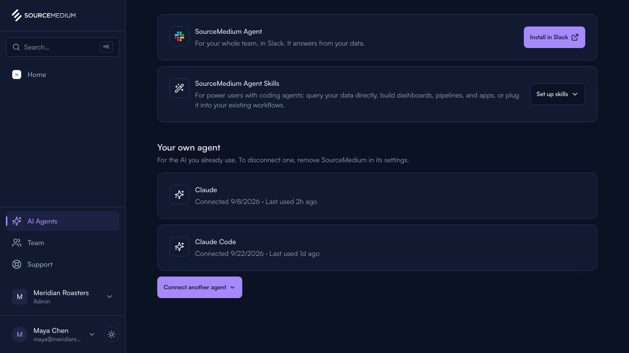 Your own agent on the AI Agents page, listing Claude and Claude Code with when each connected and was last used