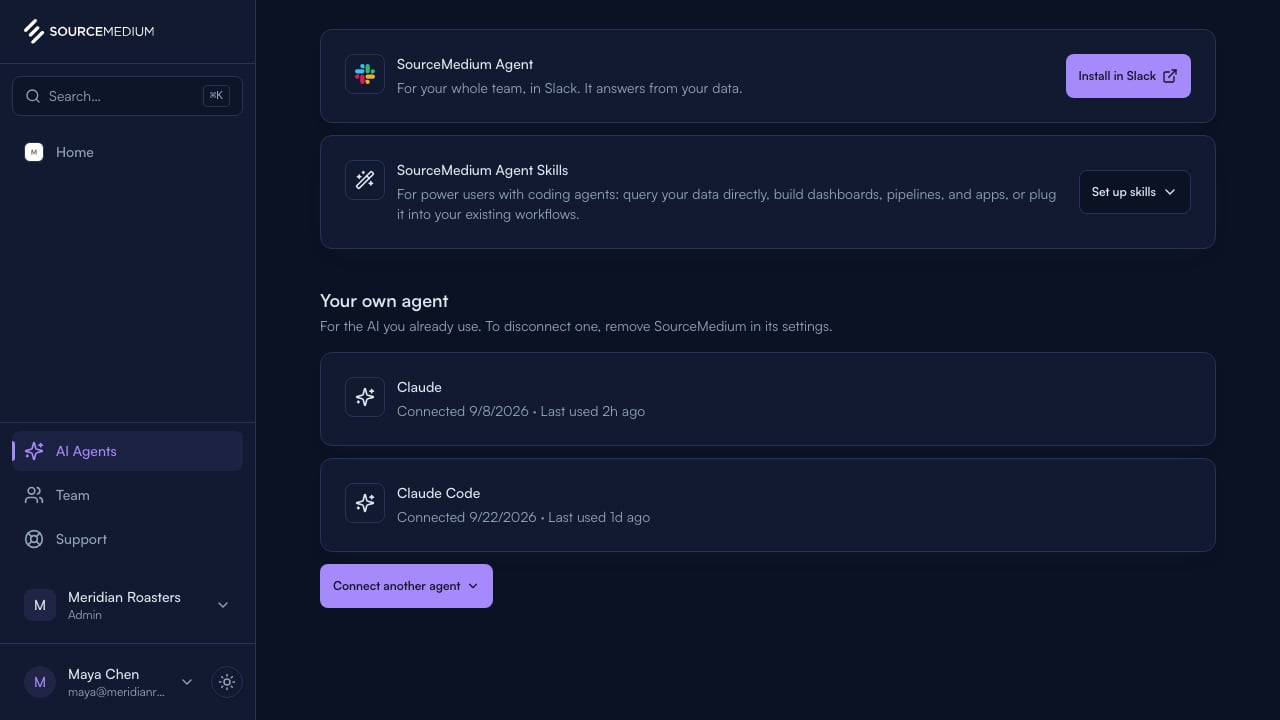 Your own agent on the AI Agents page, listing Claude and Claude Code with when each connected and was last used