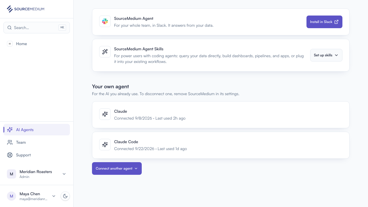 Your own agent on the AI Agents page, listing Claude and Claude Code with when each connected and was last used