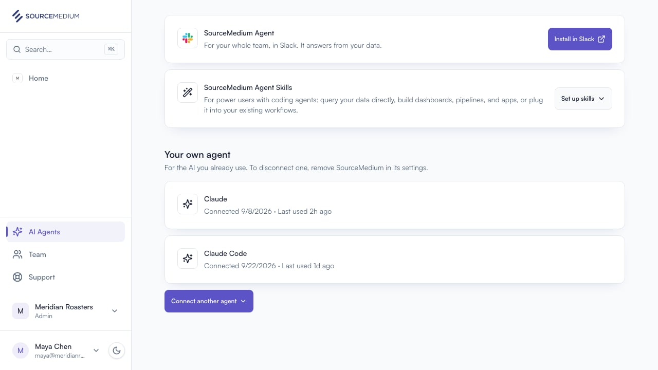 Your own agent on the AI Agents page, listing Claude and Claude Code with when each connected and was last used