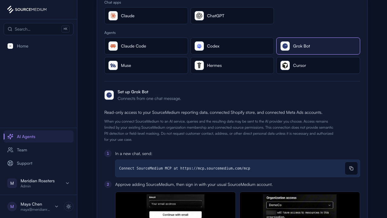 The AI Agents page with Grok Bot selected, showing the message to send and the account to sign in with