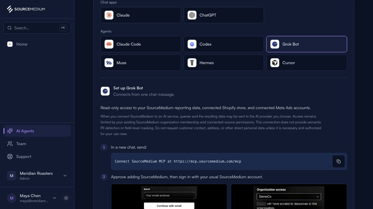 The AI Agents page with Grok Bot selected, showing the message to send and the account to sign in with