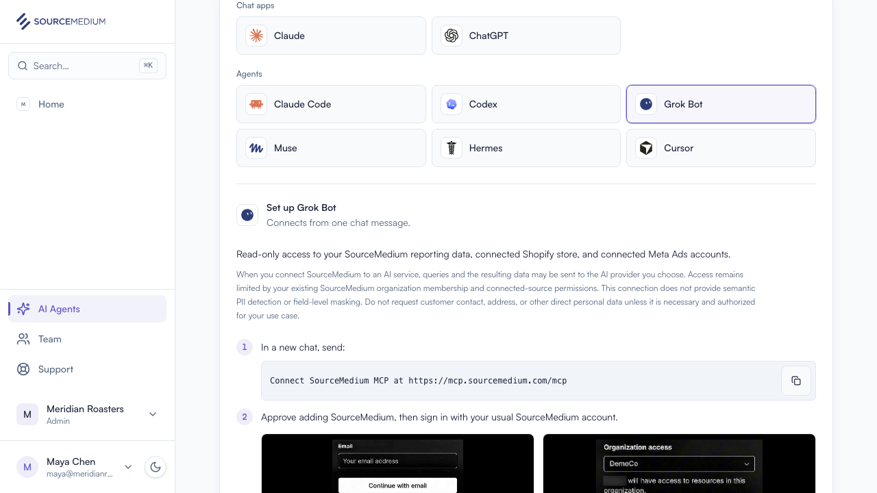 The AI Agents page with Grok Bot selected, showing the message to send and the account to sign in with
