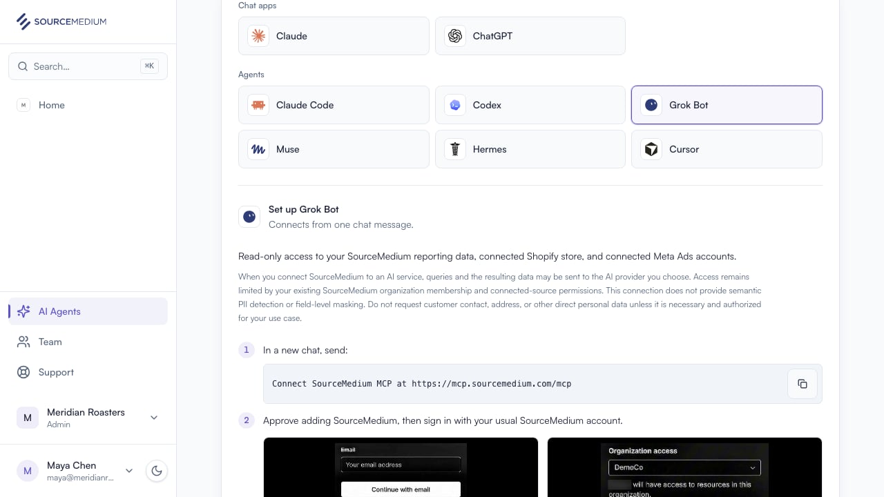 The AI Agents page with Grok Bot selected, showing the message to send and the account to sign in with