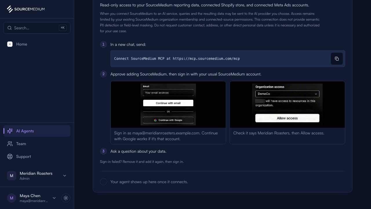 A sign-in step on the AI Agents page, showing the SourceMedium sign-in screen and the Organization access screen with Allow access