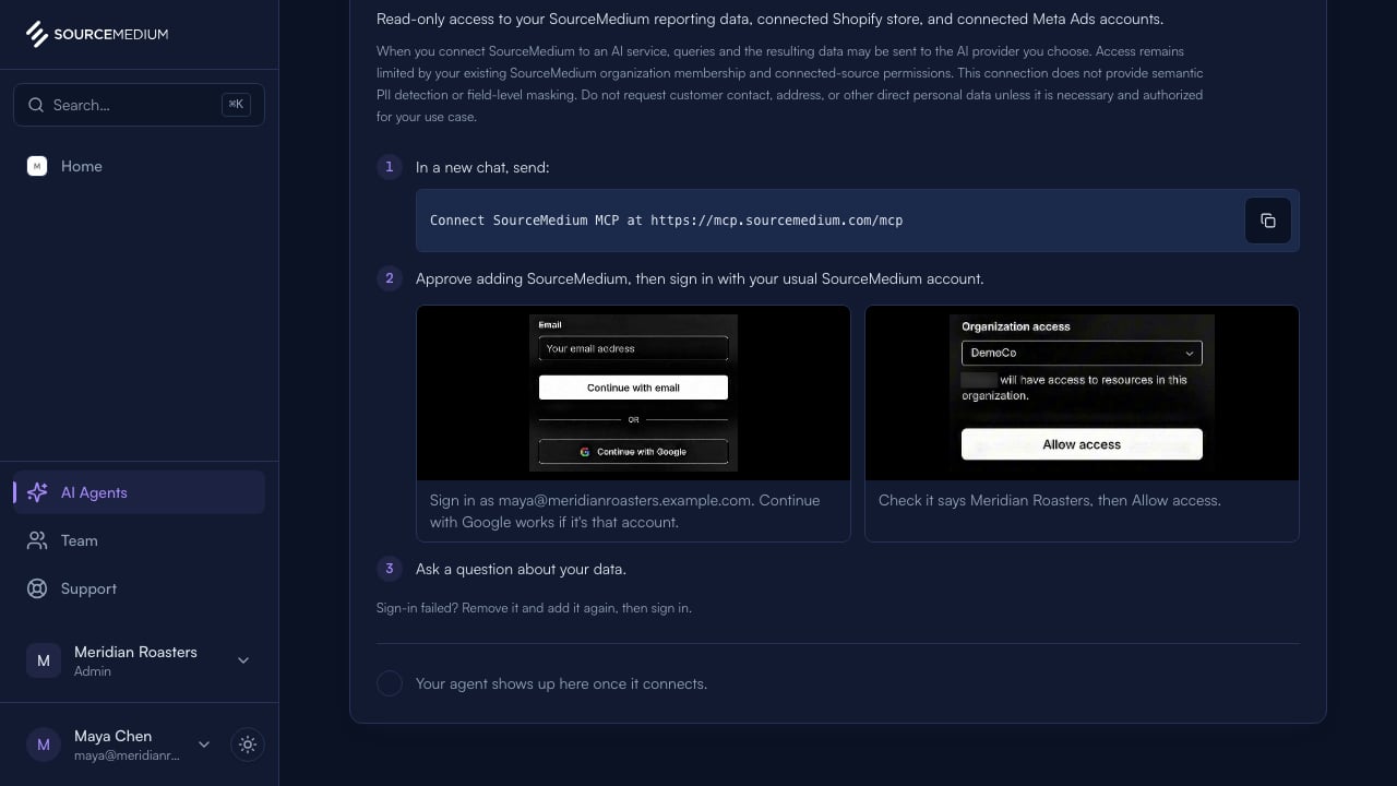 A sign-in step on the AI Agents page, showing the SourceMedium sign-in screen and the Organization access screen with Allow access