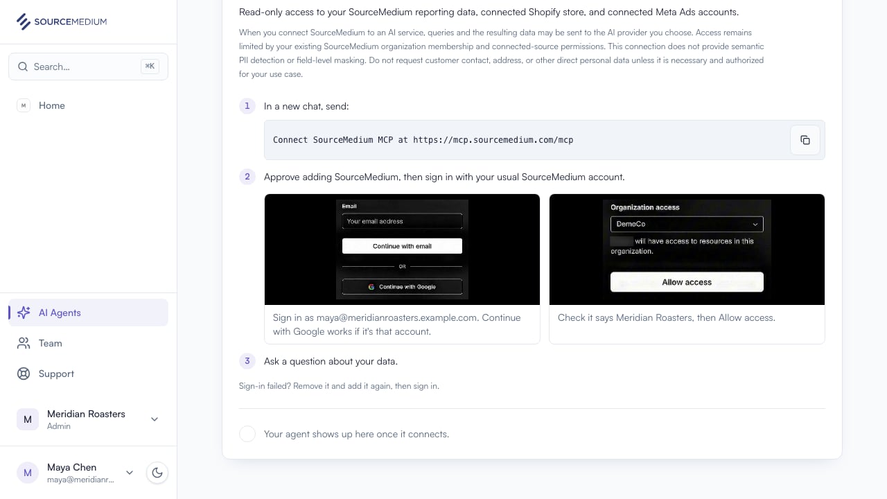 A sign-in step on the AI Agents page, showing the SourceMedium sign-in screen and the Organization access screen with Allow access