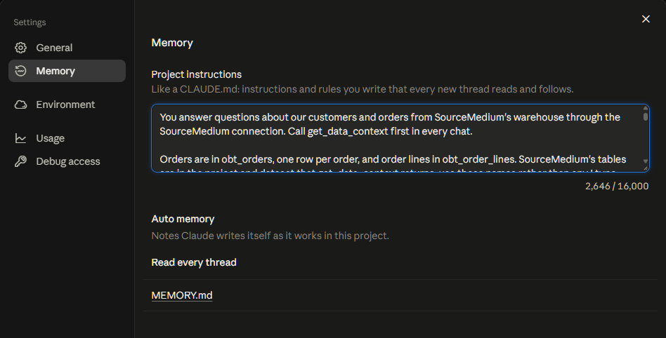 A Claude project's Settings page on the Memory tab, with the Customers and Orders block pasted into Project instructions and the character count showing 2,646 of 16,000