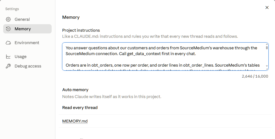 A Claude project's Settings page on the Memory tab, with the Customers and Orders block pasted into Project instructions and the character count showing 2,646 of 16,000