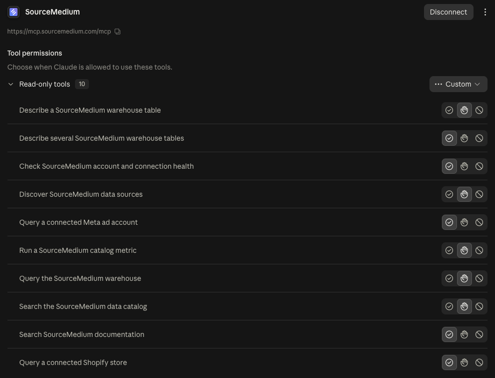 The SourceMedium connector's tool permissions panel in Claude, listing its ten read-only tools, each set to Allowed or Needs approval