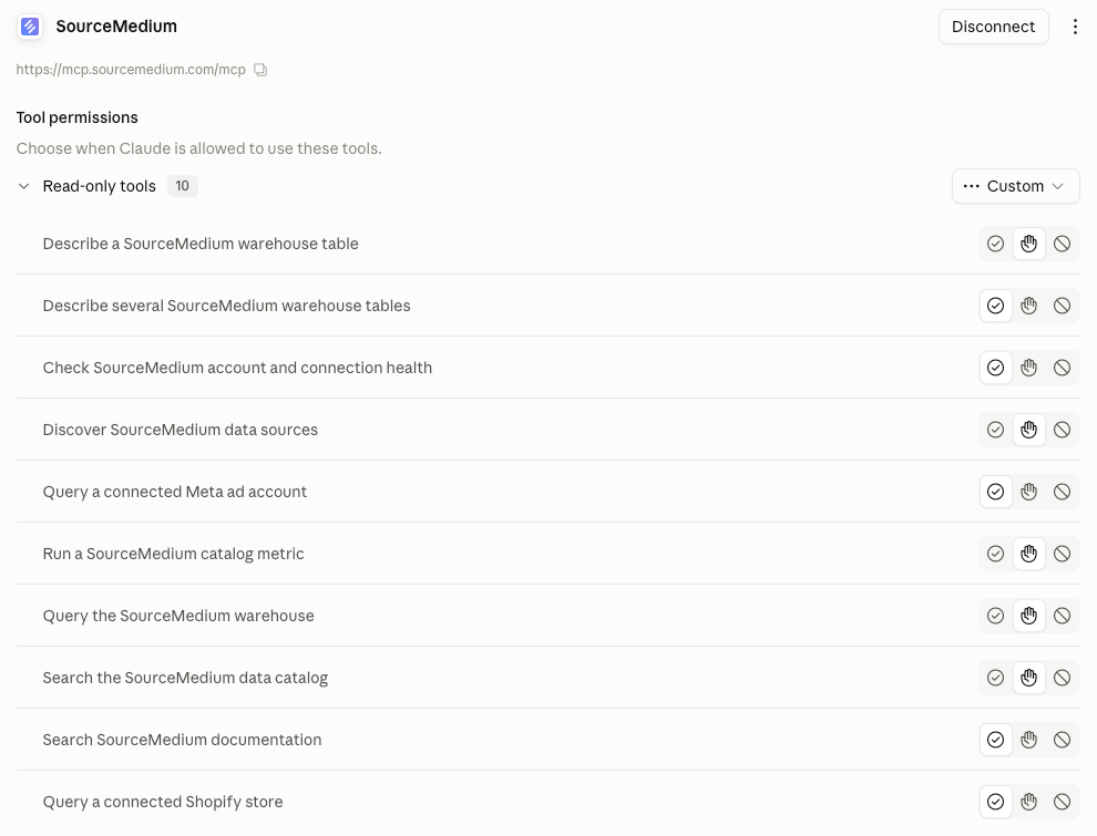 The SourceMedium connector's tool permissions panel in Claude, listing its ten read-only tools, each set to Allowed or Needs approval