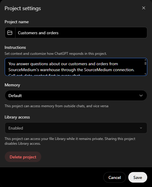 ChatGPT's Project settings dialog for a project named Customers and orders, with the Customers and Orders block pasted into Instructions