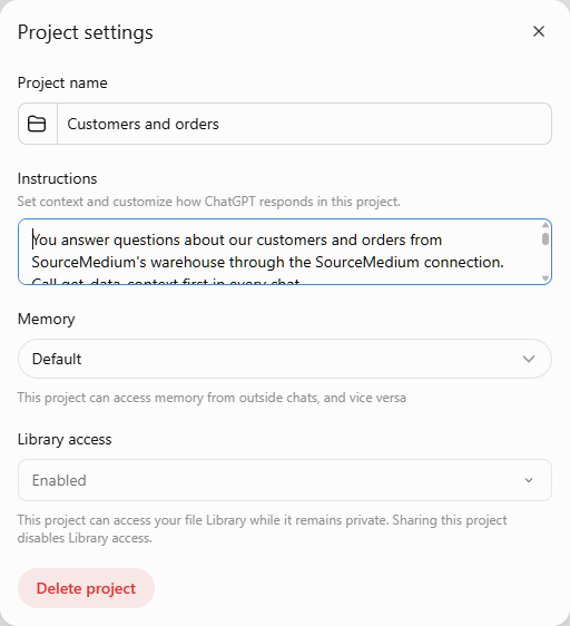 ChatGPT's Project settings dialog for a project named Customers and orders, with the Customers and Orders block pasted into Instructions