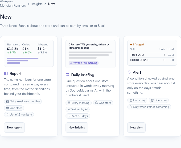 Insights New page with New report, New briefing, and New alert buttons