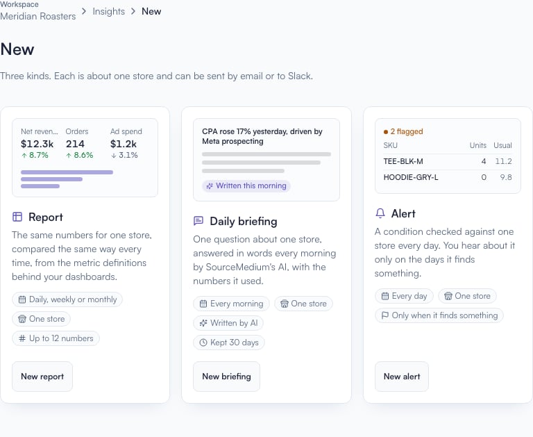 Insights New page with New report, New briefing, and New alert buttons