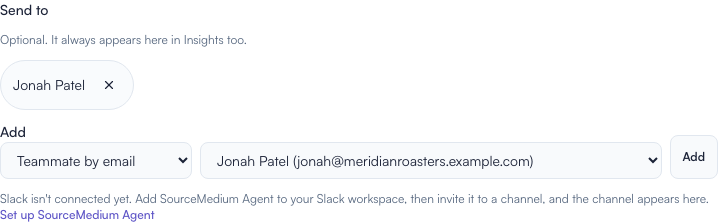 Send to controls with Jonah Patel added as a report recipient and an Add button for another recipient