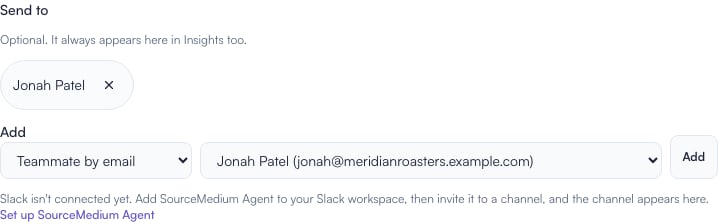 Send to controls with Jonah Patel added as a report recipient and an Add button for another recipient