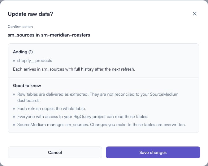 Update raw data confirmation showing one Shopify products table being added and the Save changes button