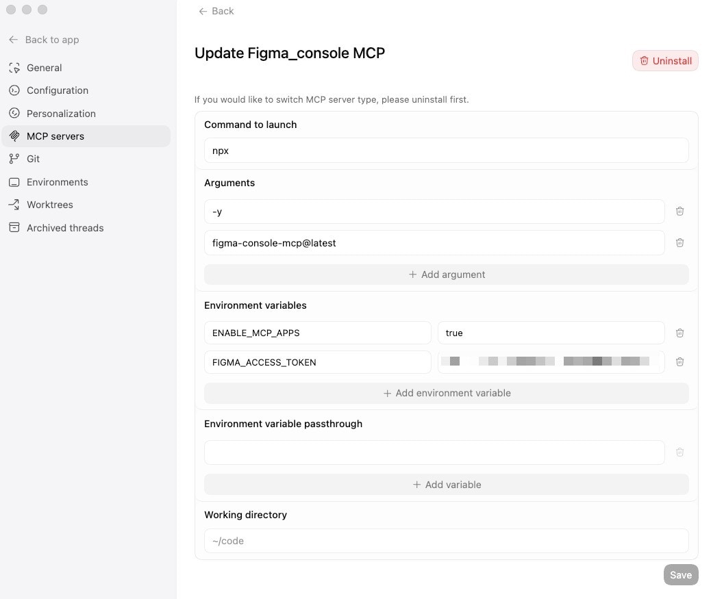 OpenAI Codex MCP server configuration showing Command to launch: npx, Arguments: -y and figma-console-mcp@latest, and environment variables for FIGMA_ACCESS_TOKEN and ENABLE_MCP_APPS