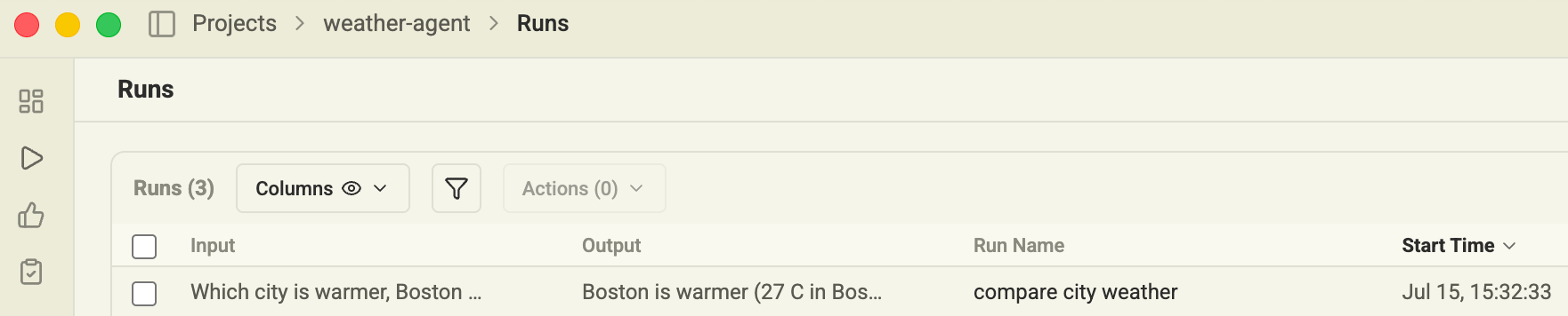 Sovara Runs table showing the logged weather comparison input and output