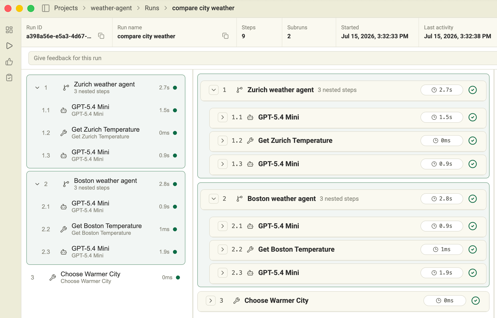 Sovara trace showing Zurich and Boston weather-agent subruns and the final city comparison