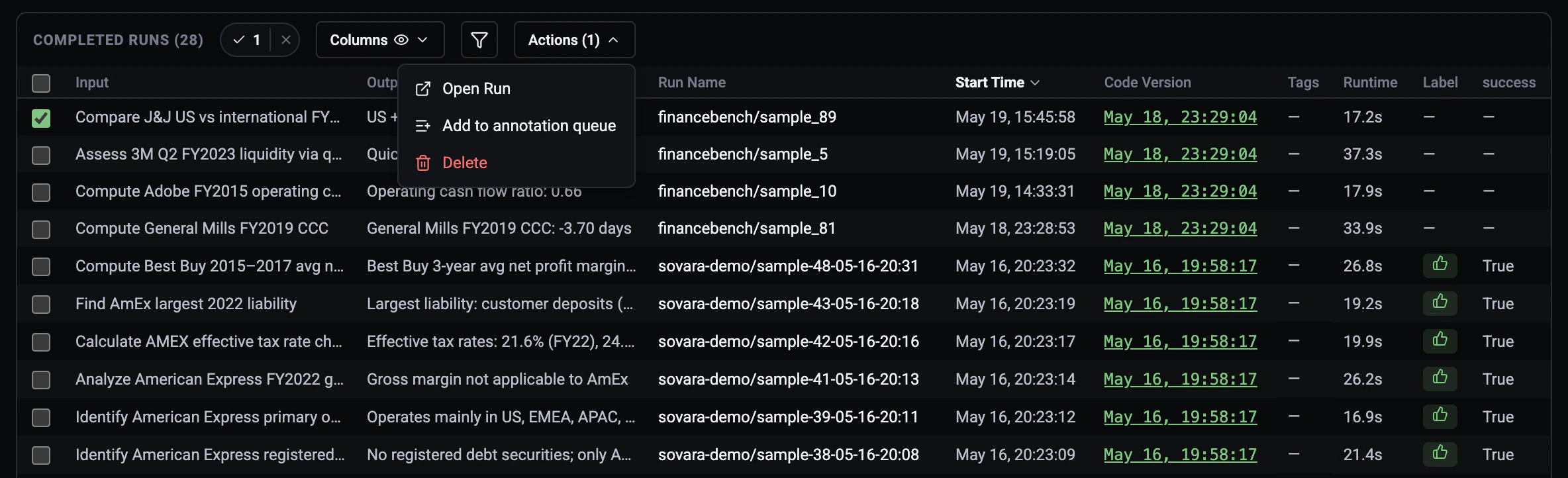 Add a selected run to the annotation queue from the Runs view