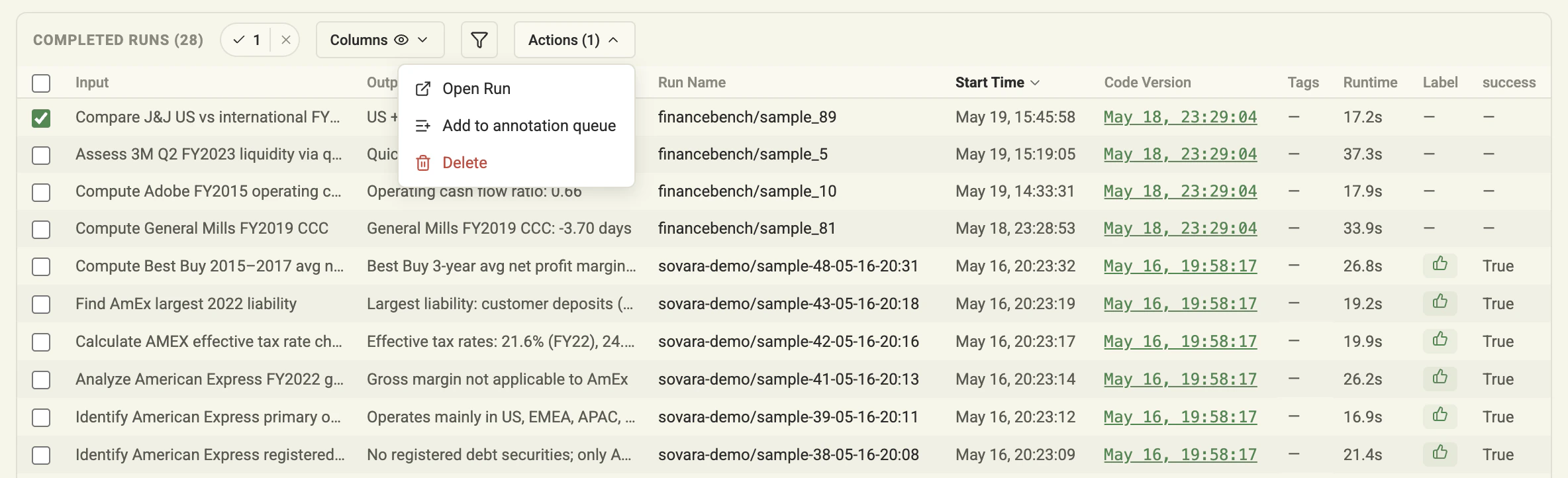 Add a selected run to the annotation queue from the Runs view