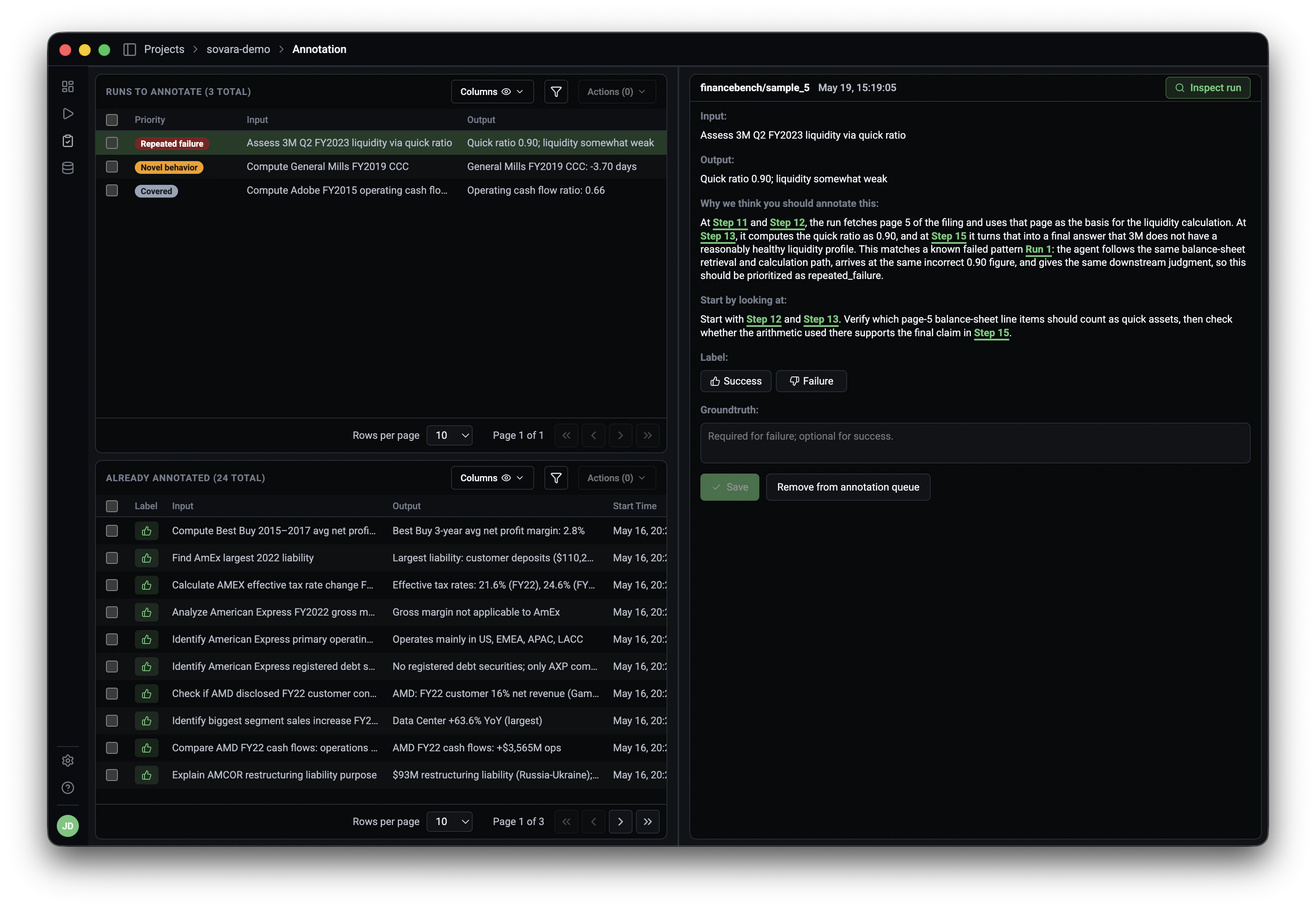 Sovara annotation queue with surfaced runs and reviewer guidance