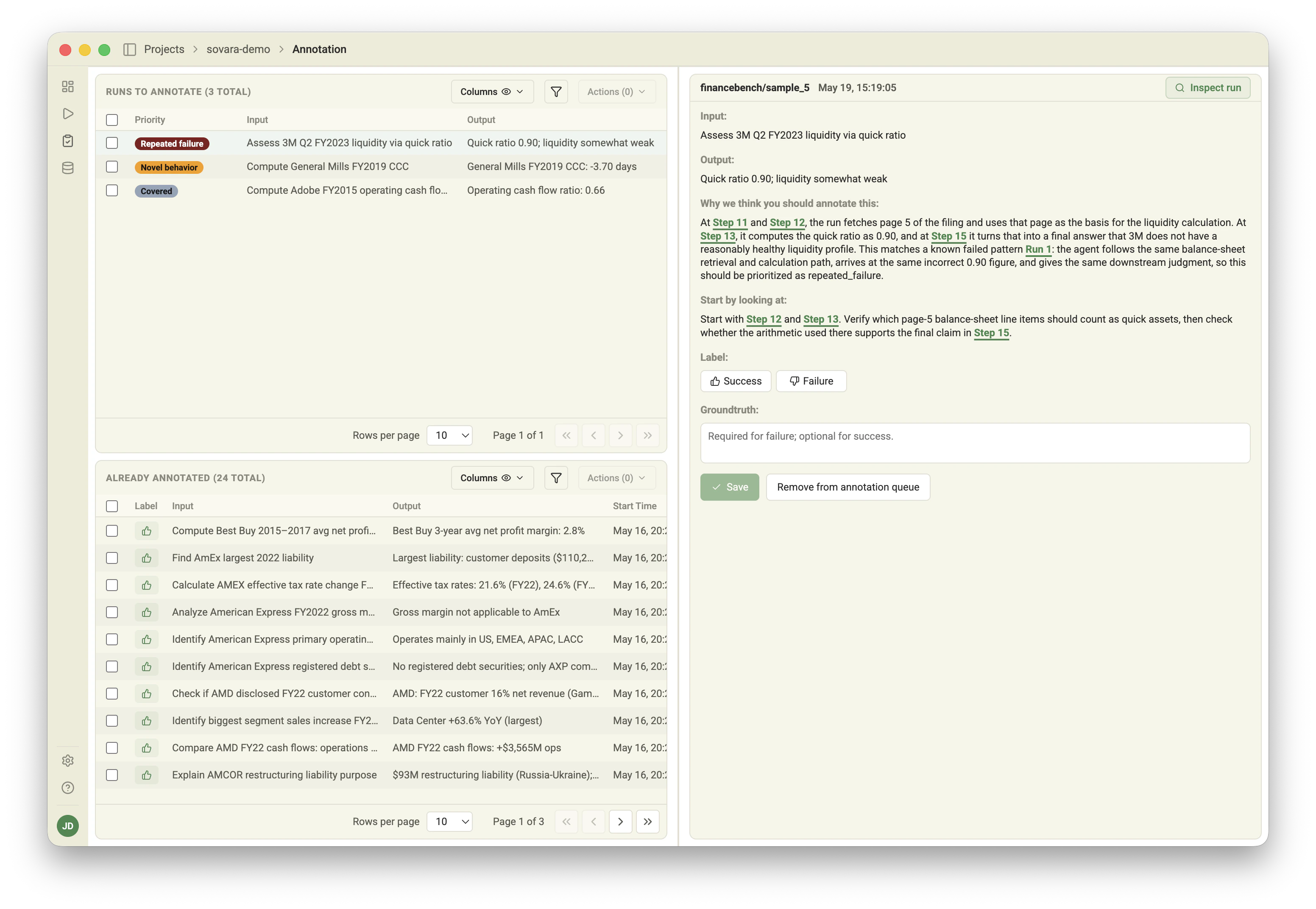 Sovara annotation queue with surfaced runs and reviewer guidance