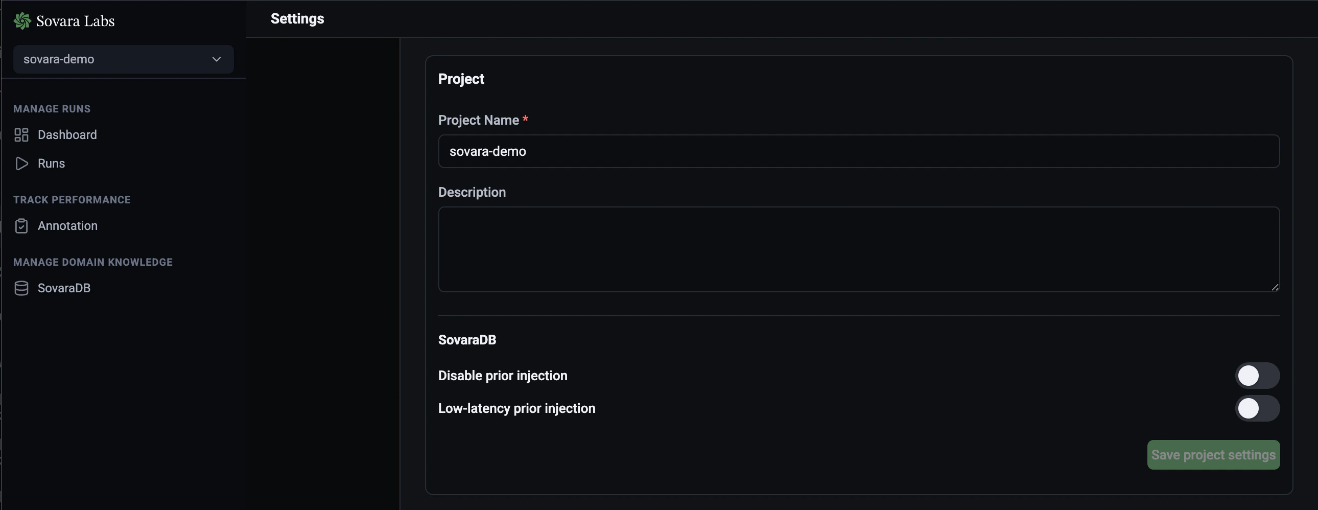 SovaraDB project settings for disabling prior injection and enabling low-latency mode