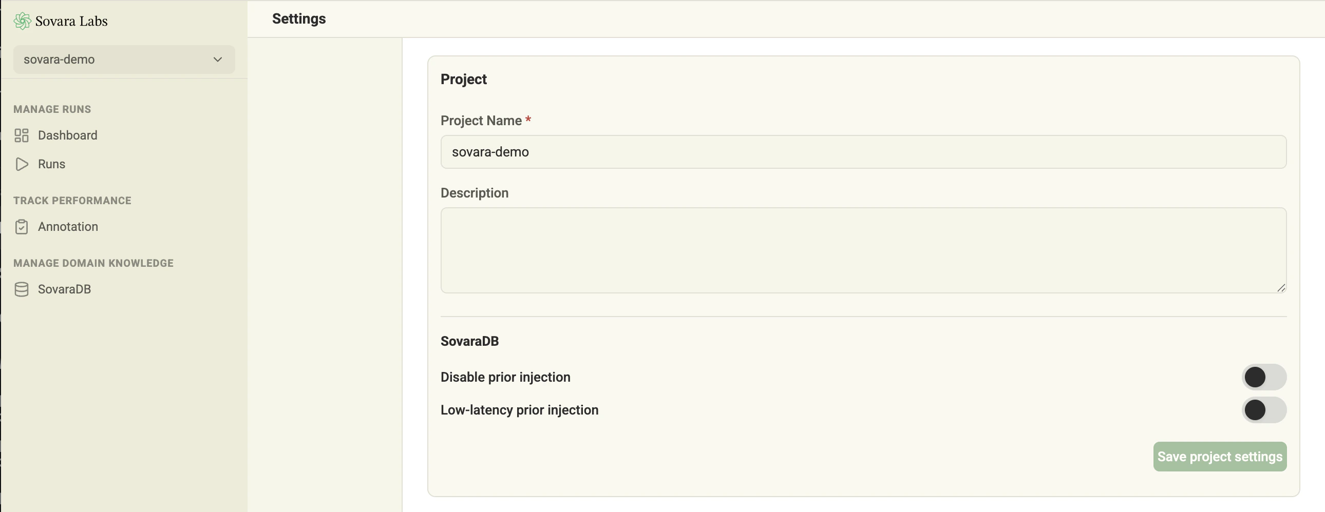 SovaraDB project settings for disabling prior injection and enabling low-latency mode