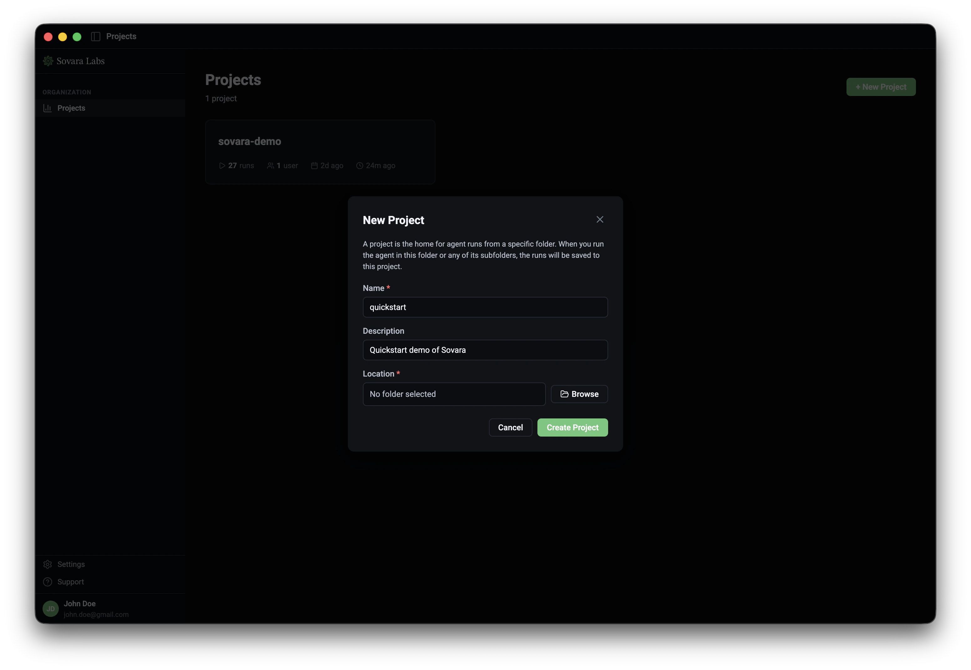 New Project dialog in the Sovara desktop app