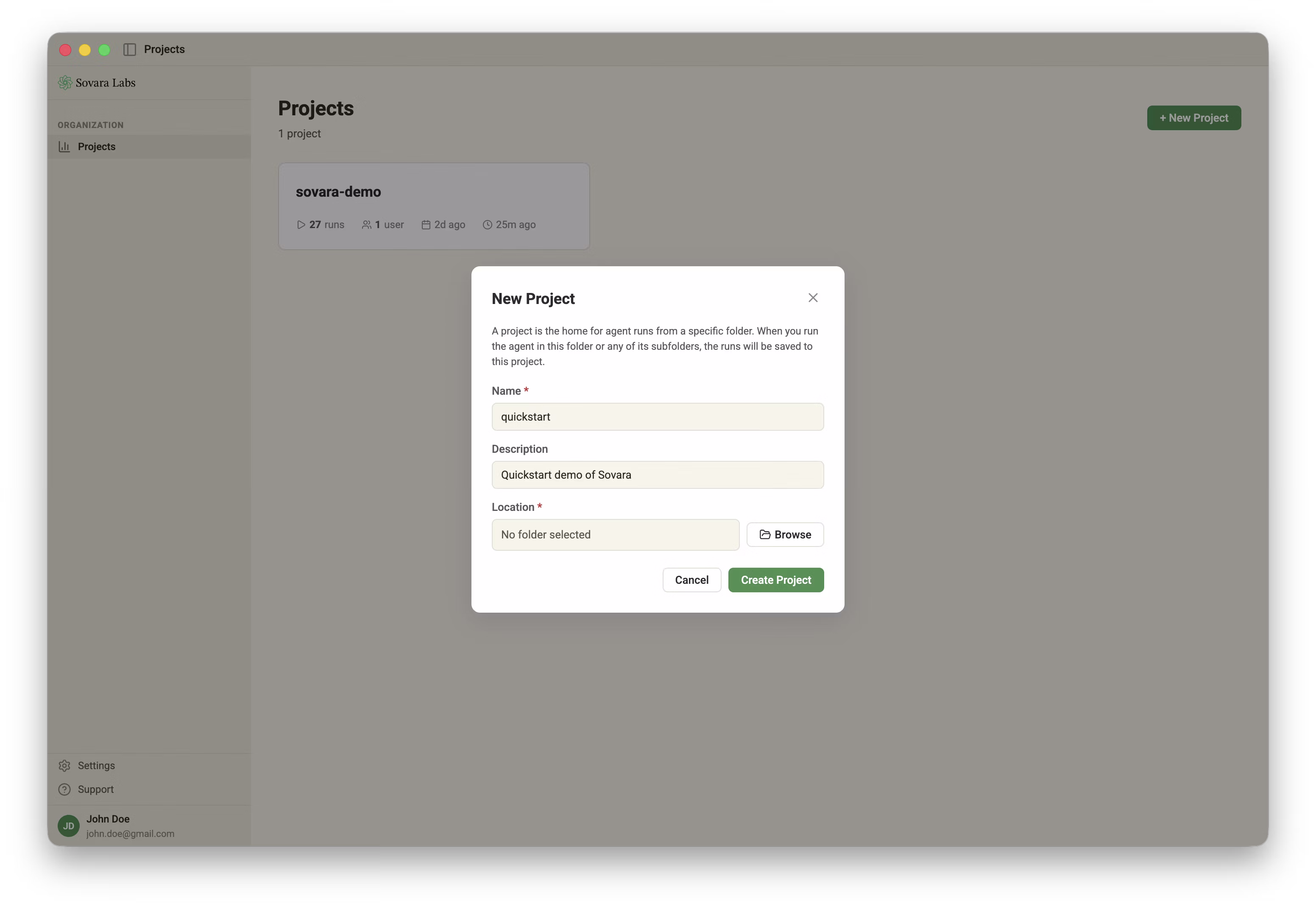 New Project dialog in the Sovara desktop app