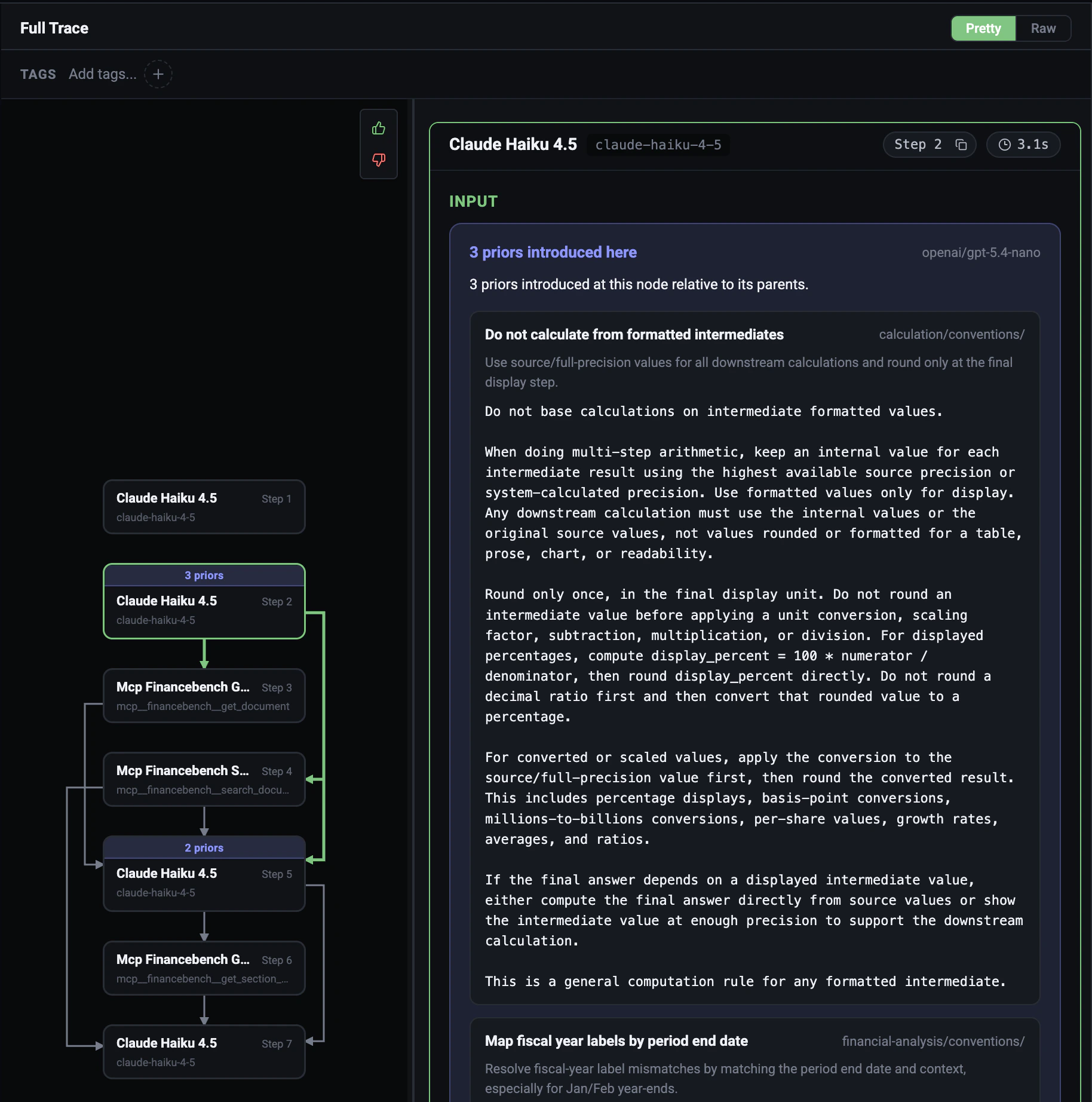 Sovara run view showing priors injected into a model call