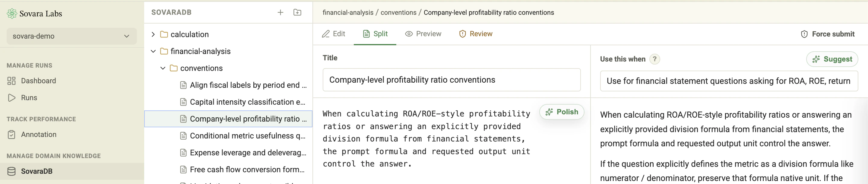 Sovara prior editor with title and Use this when fields