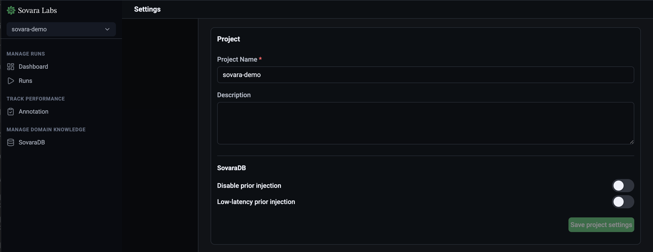 Sovara project settings for disabling lesson injection and enabling low-latency mode