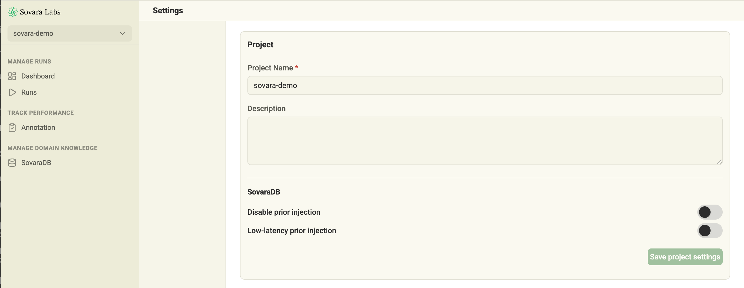 Sovara project settings for disabling lesson injection and enabling low-latency mode
