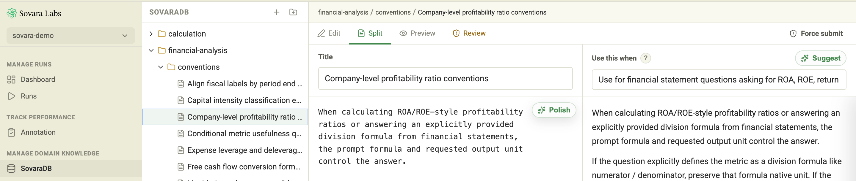 Sovara lesson editor with title and Use this when fields