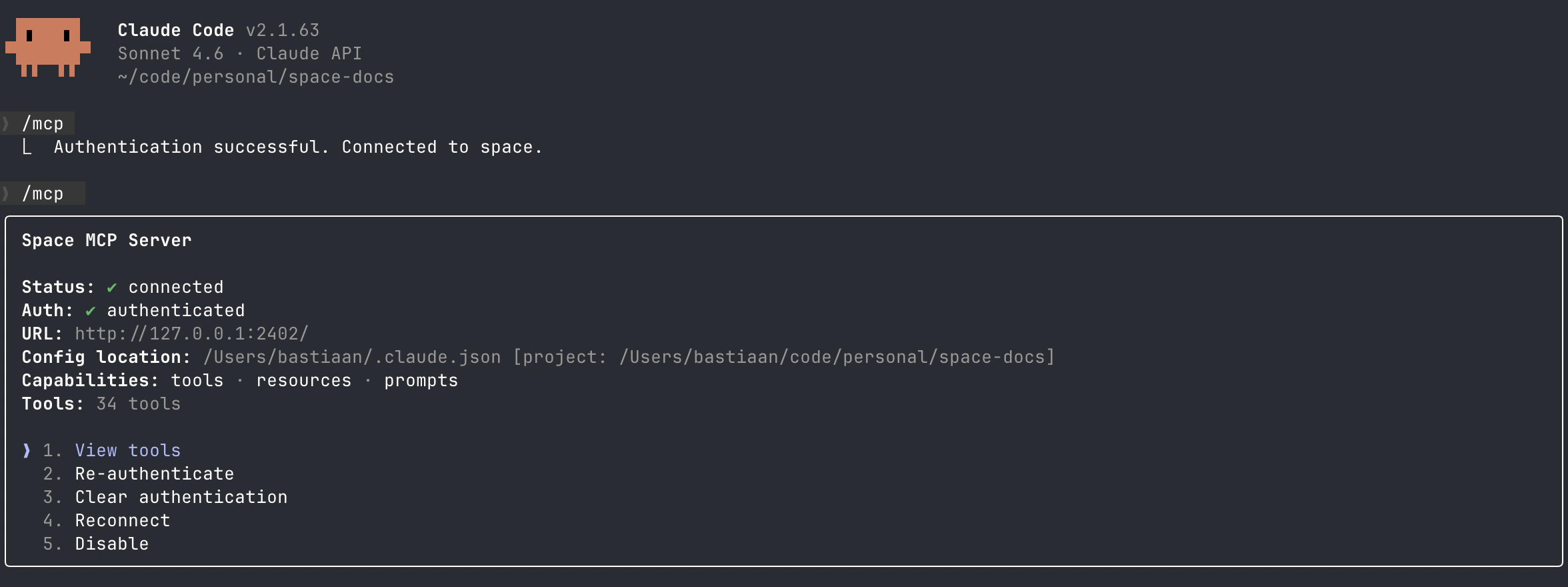 Claude Code showing Space MCP connection