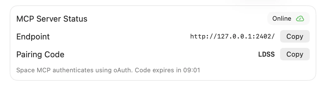 Time-based pairing code shown in Space settings