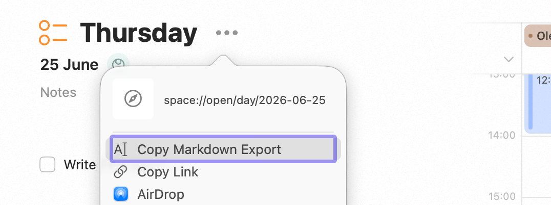 The Export as Markdown action on a view