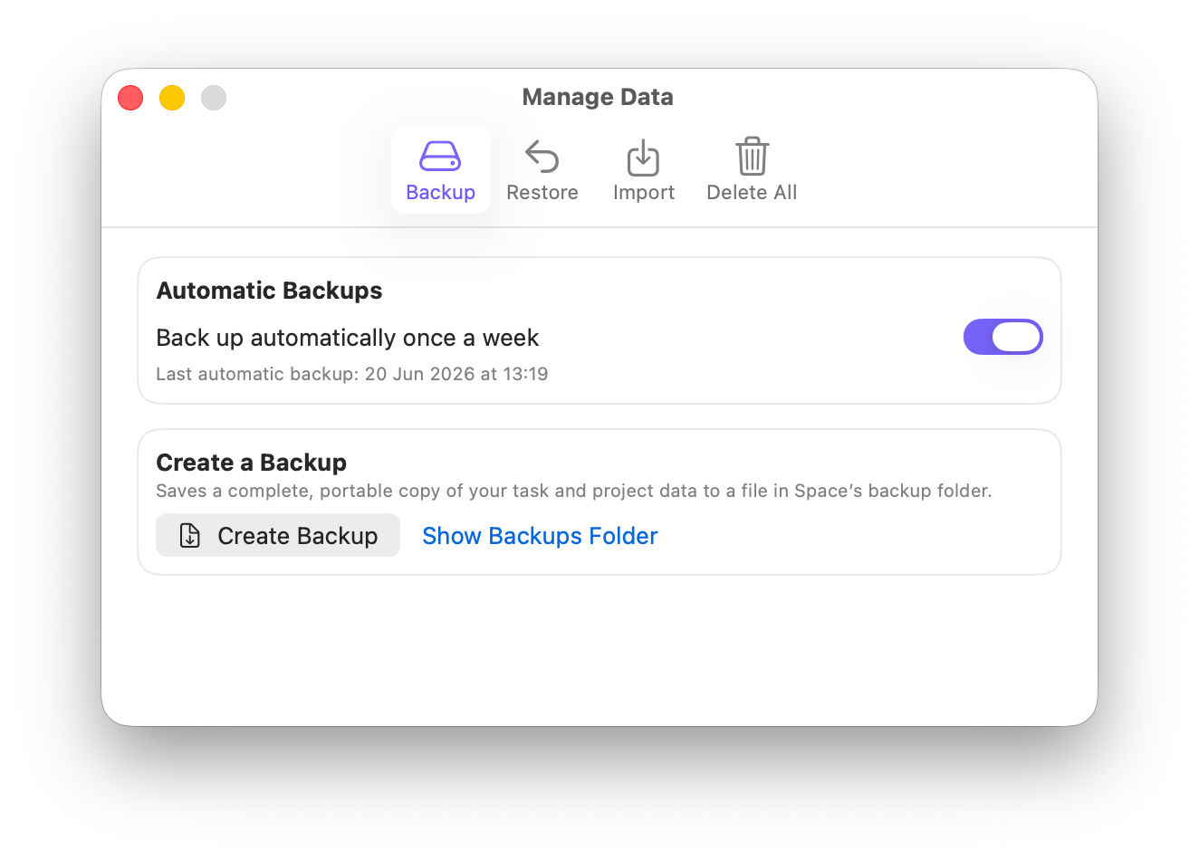 The Backup tab showing the weekly automatic backup toggle and the Create Backup button